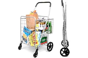 SUPENICE Grocery Utility Shopping Cart - Deluxe Folding Cart with Double Basket and 360° Rolling Swivel Wheels 66 lbs Utility Cart with Wide Cushion Handle Bar for Grocery Laundry Book Luggage Travel