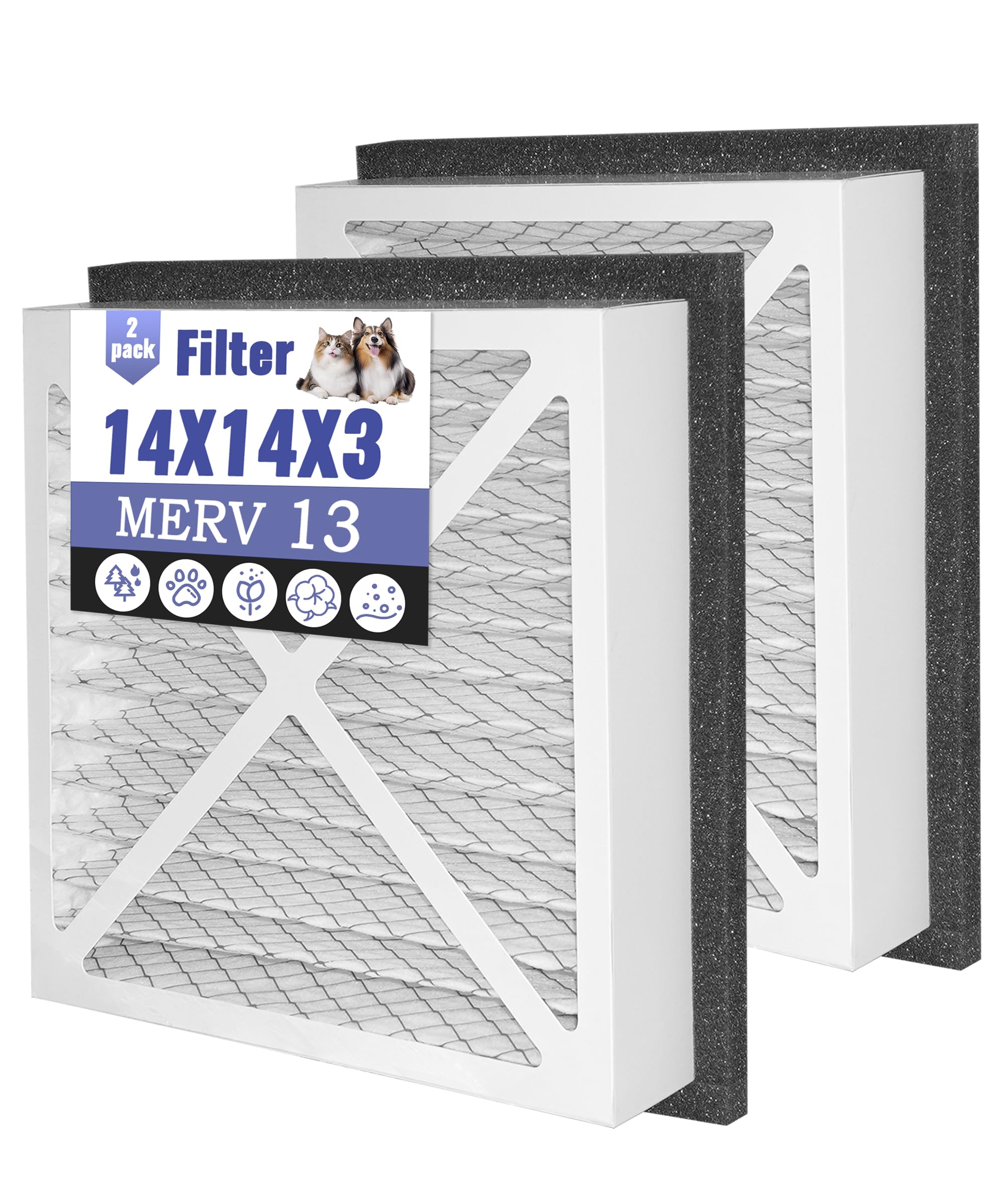 Photo 1 of 2 Pack 14x14x3 MERV13 Pleated Air Filter Replacement Compatible with Zephyr VGF Series 14x14x3 Whole House Return Grille Filter, Air Filtration System furnace filters