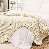 Bigacogo Chunky Knit Throw Blanket for Couch, 60x80 inches, 100% Hand Knitted with Thick Jumbo Chenille Yarn, Cozy Soft Large Rope Knot Cable Crochet Blankets for Sofa Bed Living Room, Beige