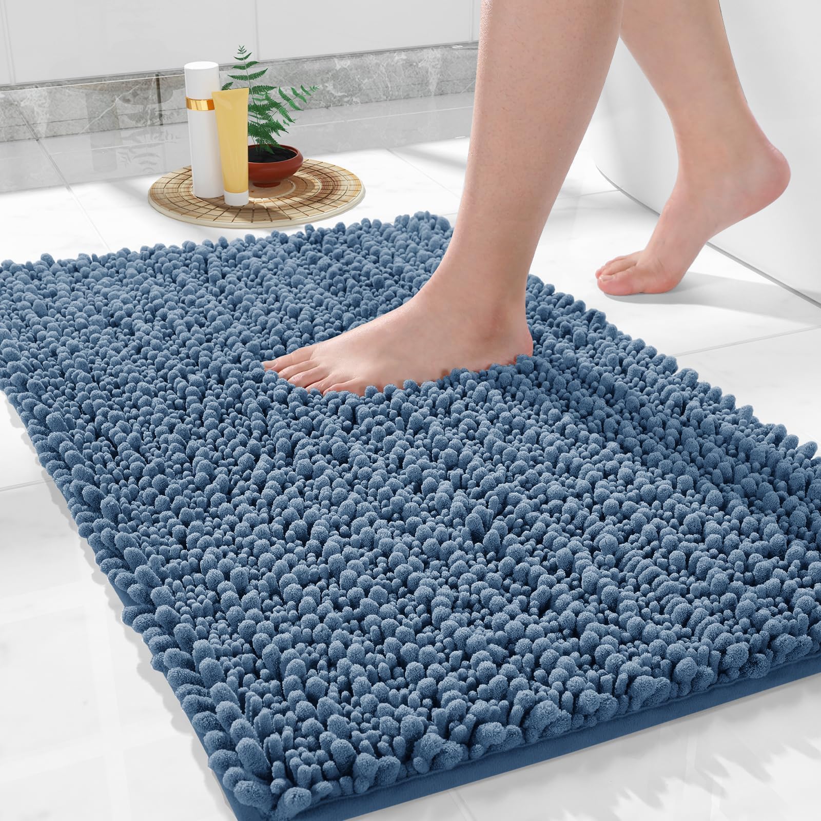 Yimobra Original Luxury Chenille Bath Mat, 24 x 17 Inches, Soft Shaggy and Comfortable, Large Size, Super Absorbent and Thick, Non-Slip, Machine Washable, Perfect for Bathroom, Denim Blue