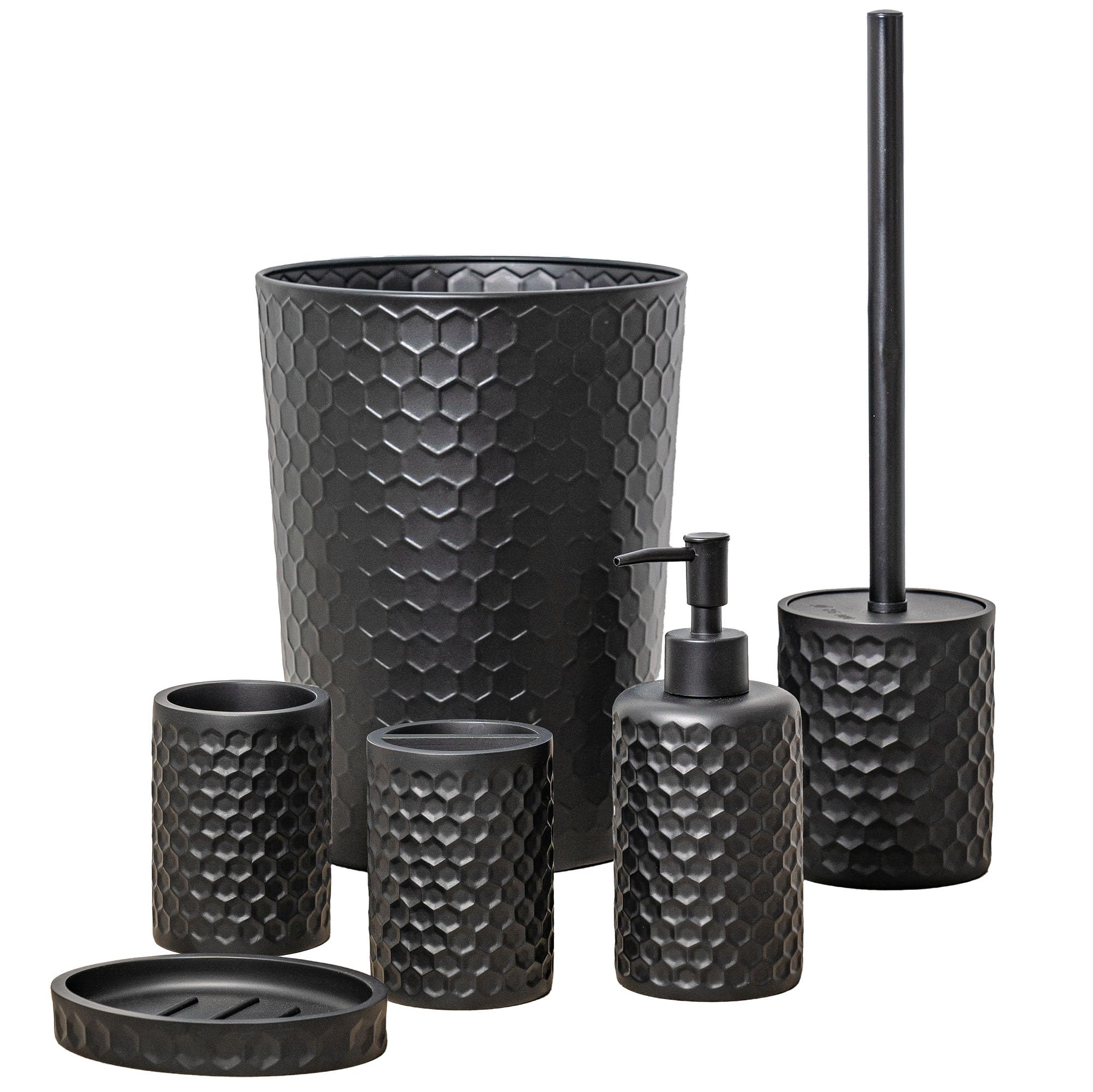 zccz Bathroom Accessory Set, 6 Piece Black Bathroom Accessories Set with Trash Can, Toothbrush Holder, Toothbrush Cup, Soap Dispenser, Soap Dish, Toilet Brush with Holder, Trash Can, Black