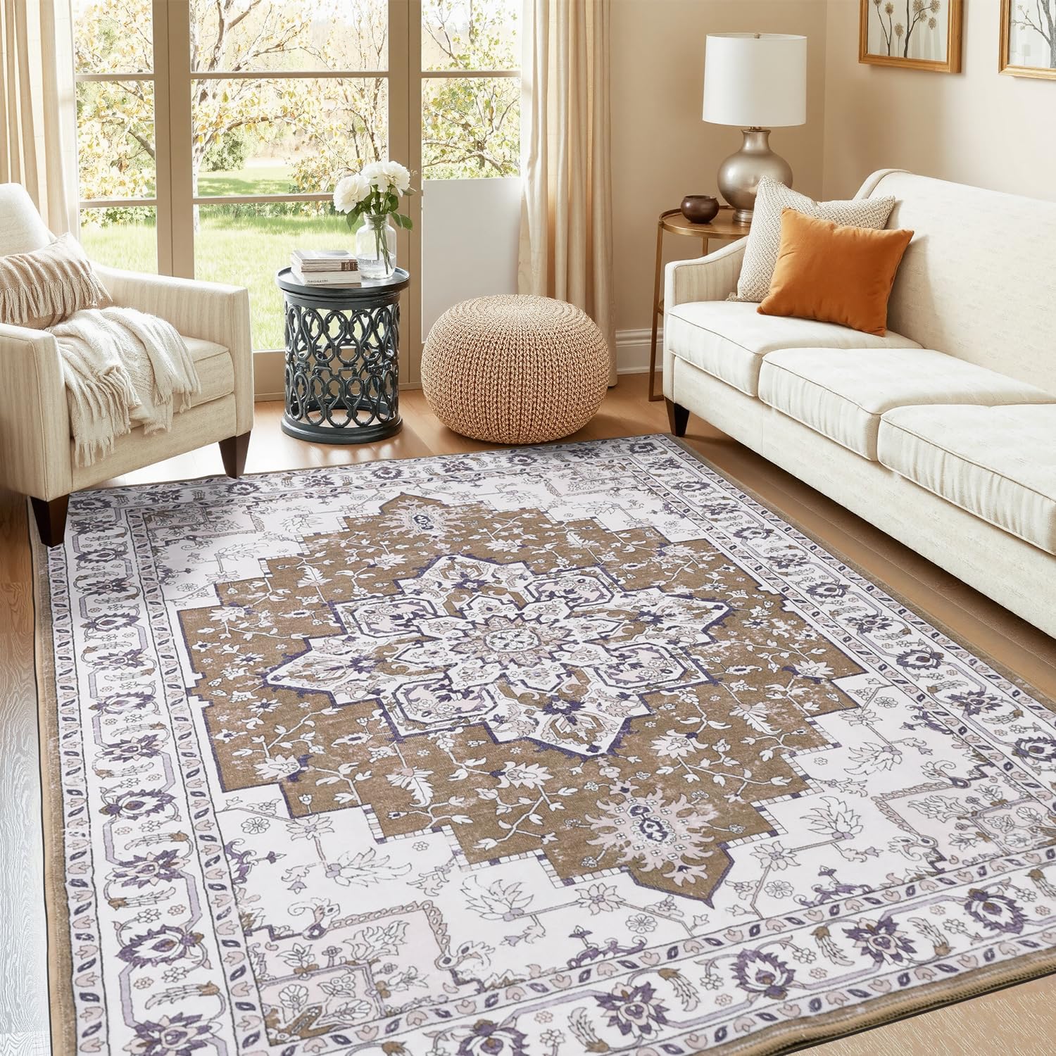 Rugflix 5x7 Area Rug for Living Room, Vintage Washable Area Rug Non Slip Low Pile, Floral Soft Foldable Large Carpet for Bedroom Dining Room, Brown/Beige