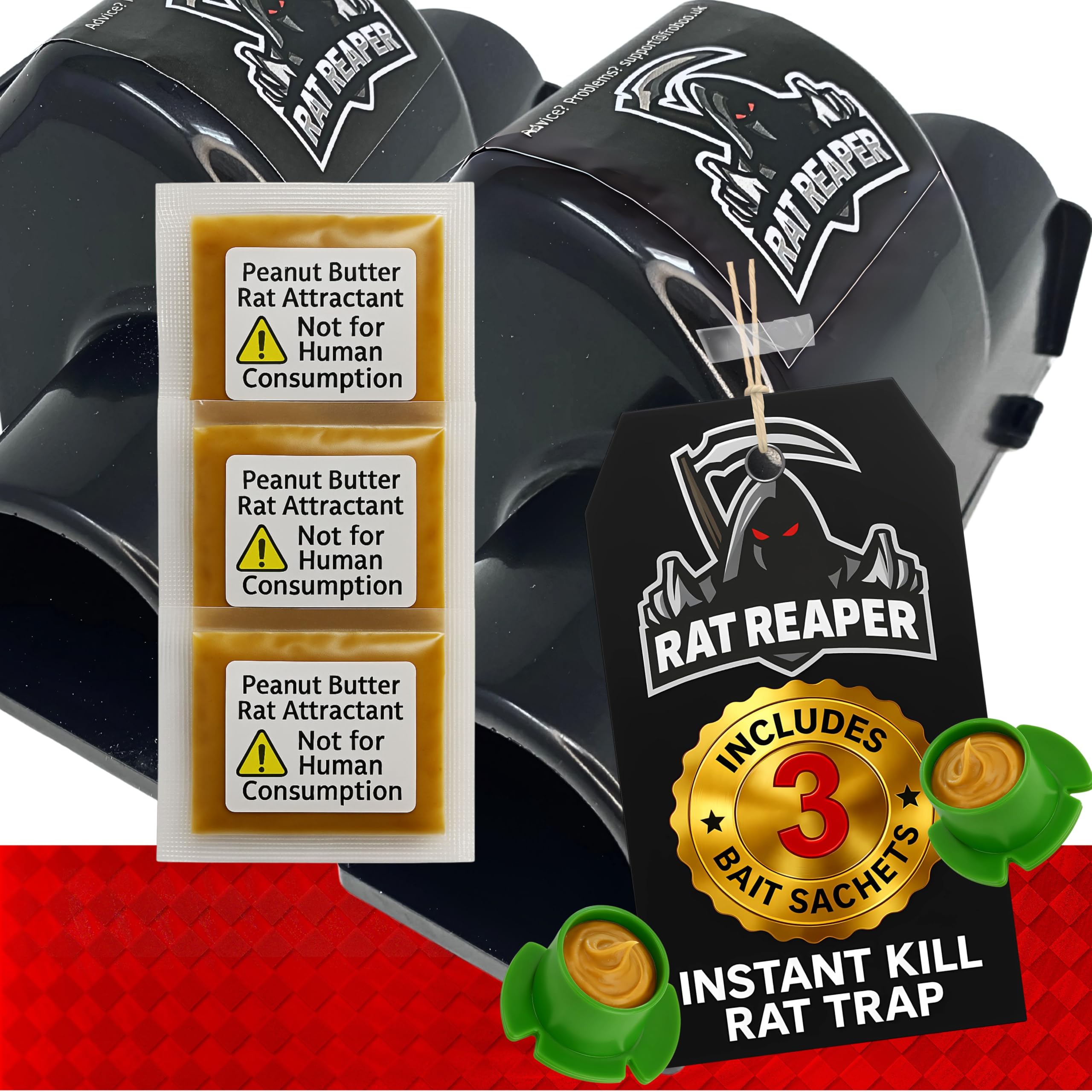 Rat Reaper 2 Pack Rat Traps – Includes 3 Peanut Butter Bait Sachets | Quick Kill, Humane, Tamper-Resistant, Reusable, Non-Toxic Rat Traps for Indoor & Outdoor Use – Affordable Pest Control Solution