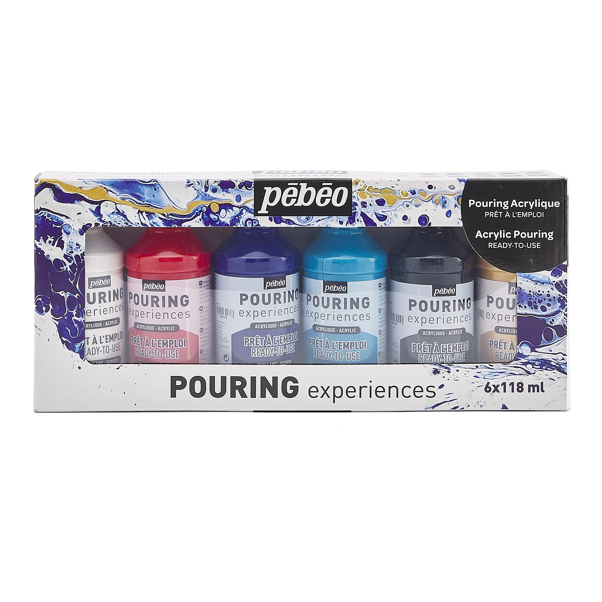 PEBEO Pouring Medium, Acrylic, White, Red, Blue, Turquoise, Black, Gold, 118 ml (Pack of 6)