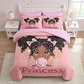 Nesker 5 Pcs Comforter Set Twin Size, African American Princess Bubbles Bedding for Kids Teen, Pink Black Girl Bed Sheet with Pillowcase & Sham