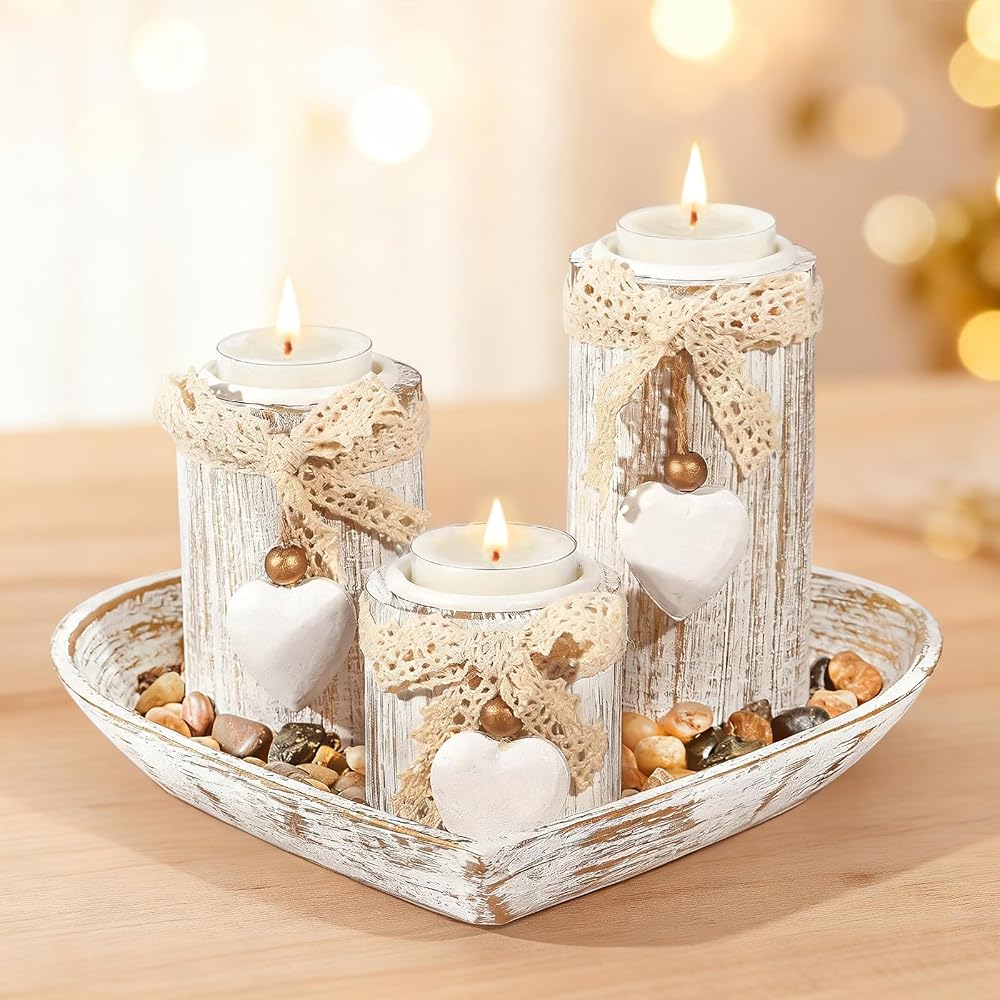 GoMaihe Tealight Candle Holders with Tray 3-Piece Wood Set Heart