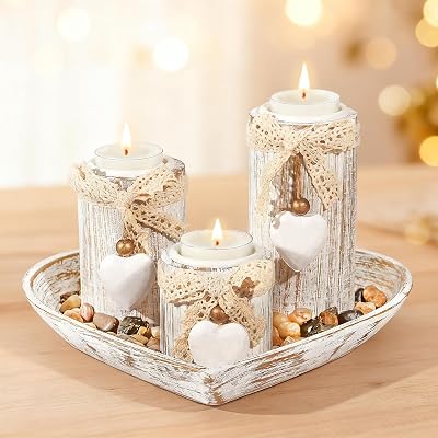 GoMaihe Tealight Candle Holders with Tray 3-Piece Wood Set Heart
