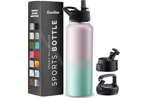 FineDine Triple Walled, Insulated Water Bottles with Straw - 40 Oz Stainless Steel Metal Bottle W/ 3 Leak Proof Lids - For Travel, School, Sports, Gym / Men, Women & Kids - Dreamy Pink-Green