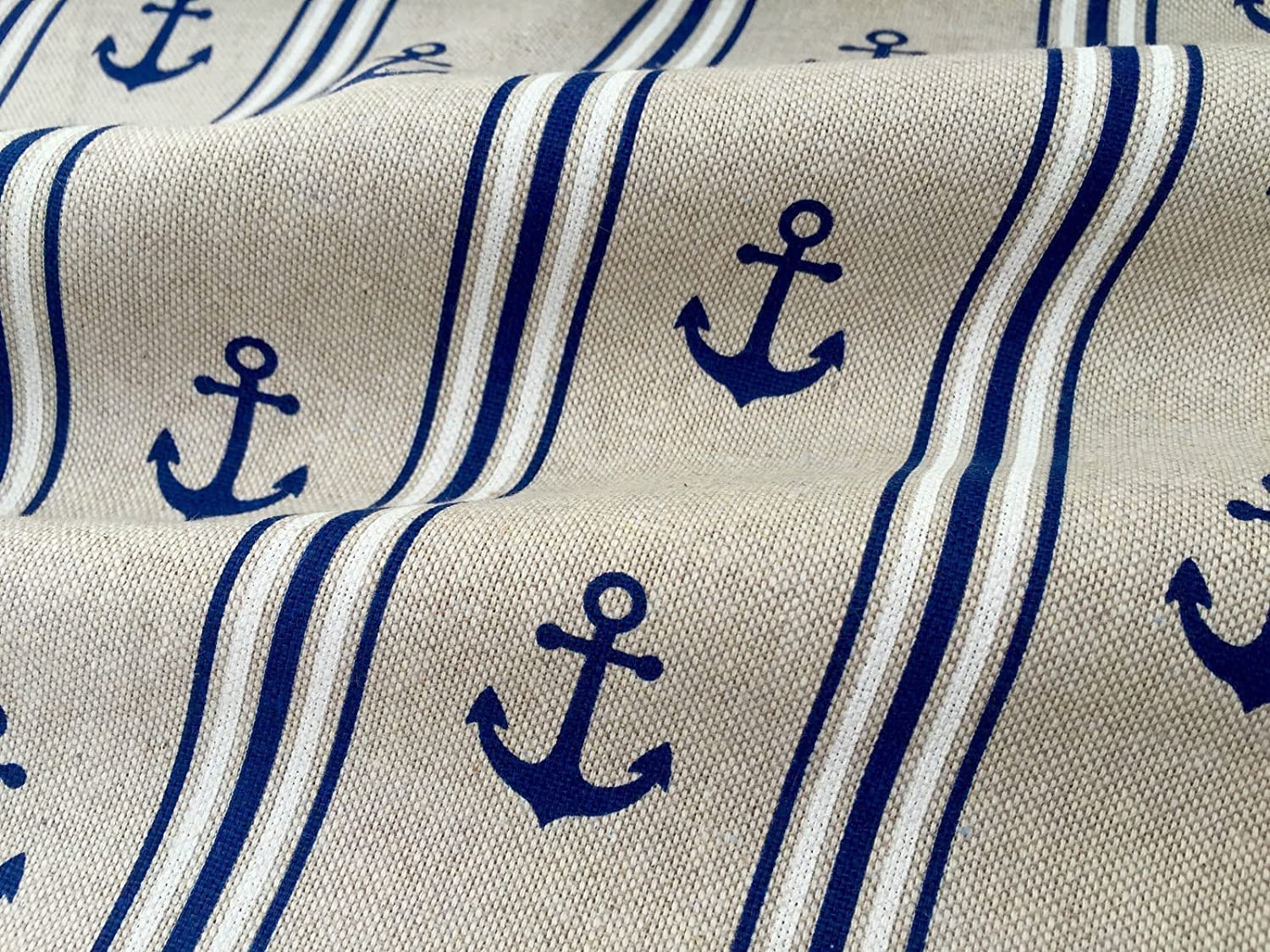 Marine Anchor Stripe Print Fabric - Curtain Upholstery Material - 140cm Wide - Navy Blue & White (2 Metres)