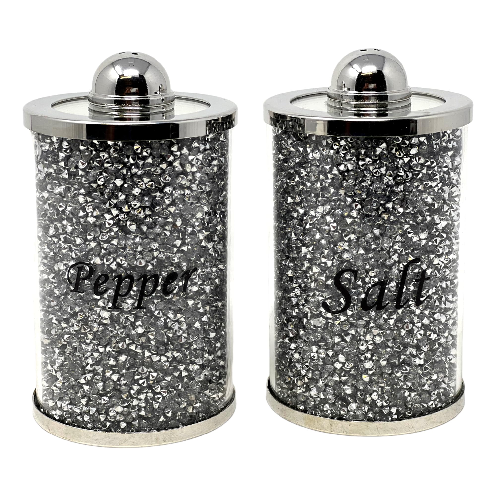 Fabulous Diamond Crushed & Crystal Filled Set of Salt & Pepper Storage Canister Unique Collection to Your Kitchen Decore (Silver Salt and Paper)