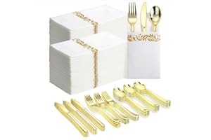 Goodluck 400 PCS Gold Plastic Silverware with Pocket Napkins for 100 Guests, Heavy Duty Disposable Cutlery Set & Linen Feel N