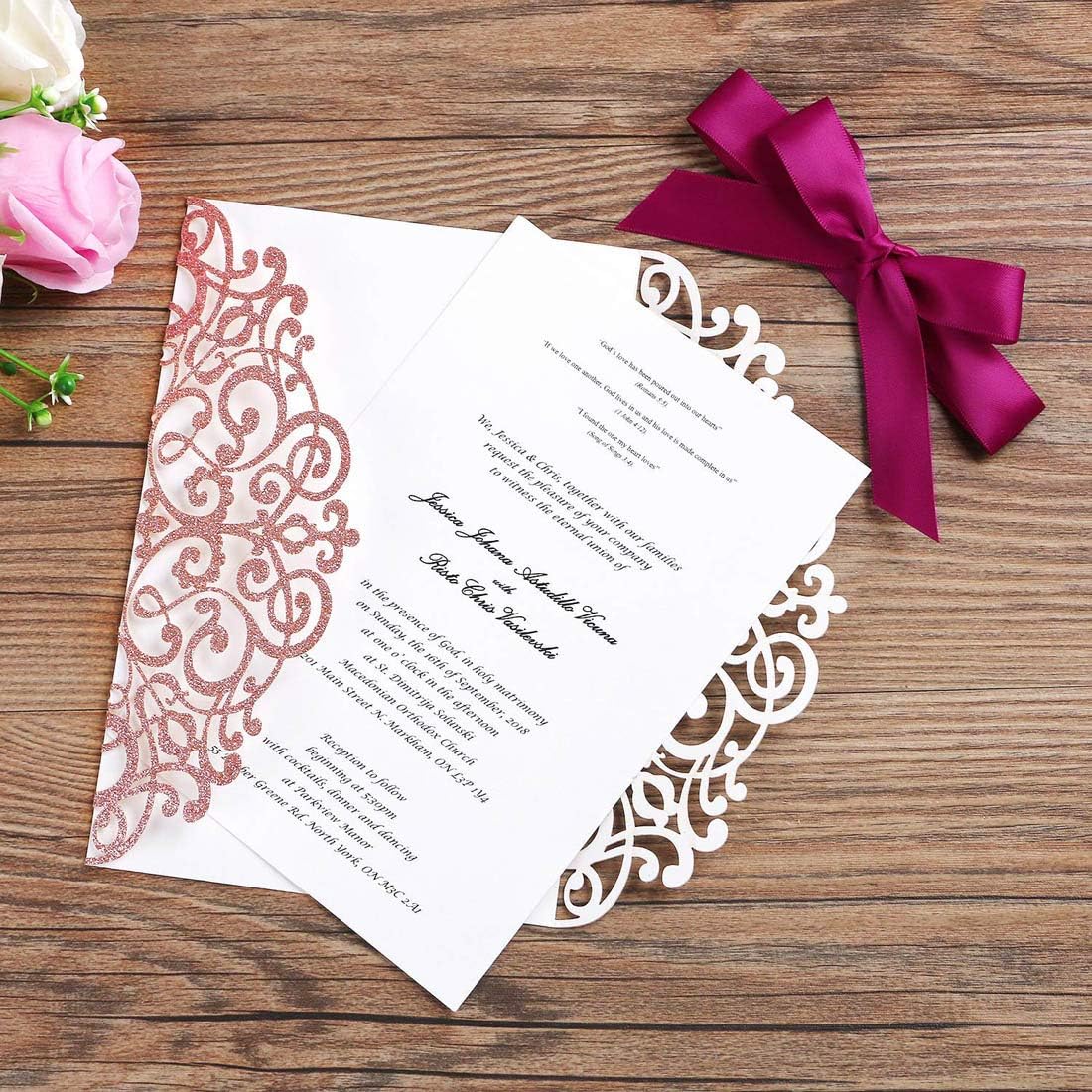 Jofanza 5X7.2 Inch 20PCS Laser Cut Lace Wedding Invitation Cards with Ribbon and Envelopes for Bridal Shower Engagement Graduation Sweet 16 Birthday Invites (Rose Gold Glitter) - Image 3