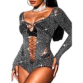 ChiaoLezhee Sparkly Bodysuit Tops For Women, Fits 0-16 Sexy Fishnet, Glitter Sequin Rave Concert, Long Sleeves Sheer Mesh
