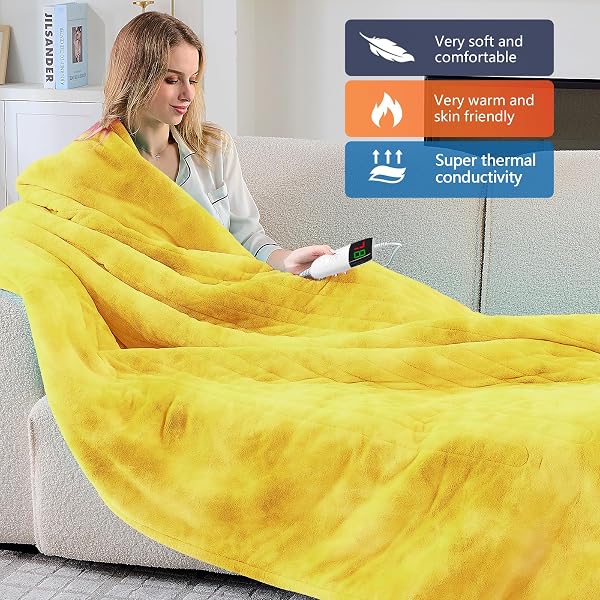 GREENOAK HEATED ELECTRIC BLANKET THROW, FAUX FUR SHERPA HEATING BLANKET FOR SOFA BED, WARM WINTER GIFTS FOR WOMEN/ADULTS, HEATER LAP BLANKETS 5-POSITION TIMER &10 HEATING LEVELS 50”*60″ LEMON