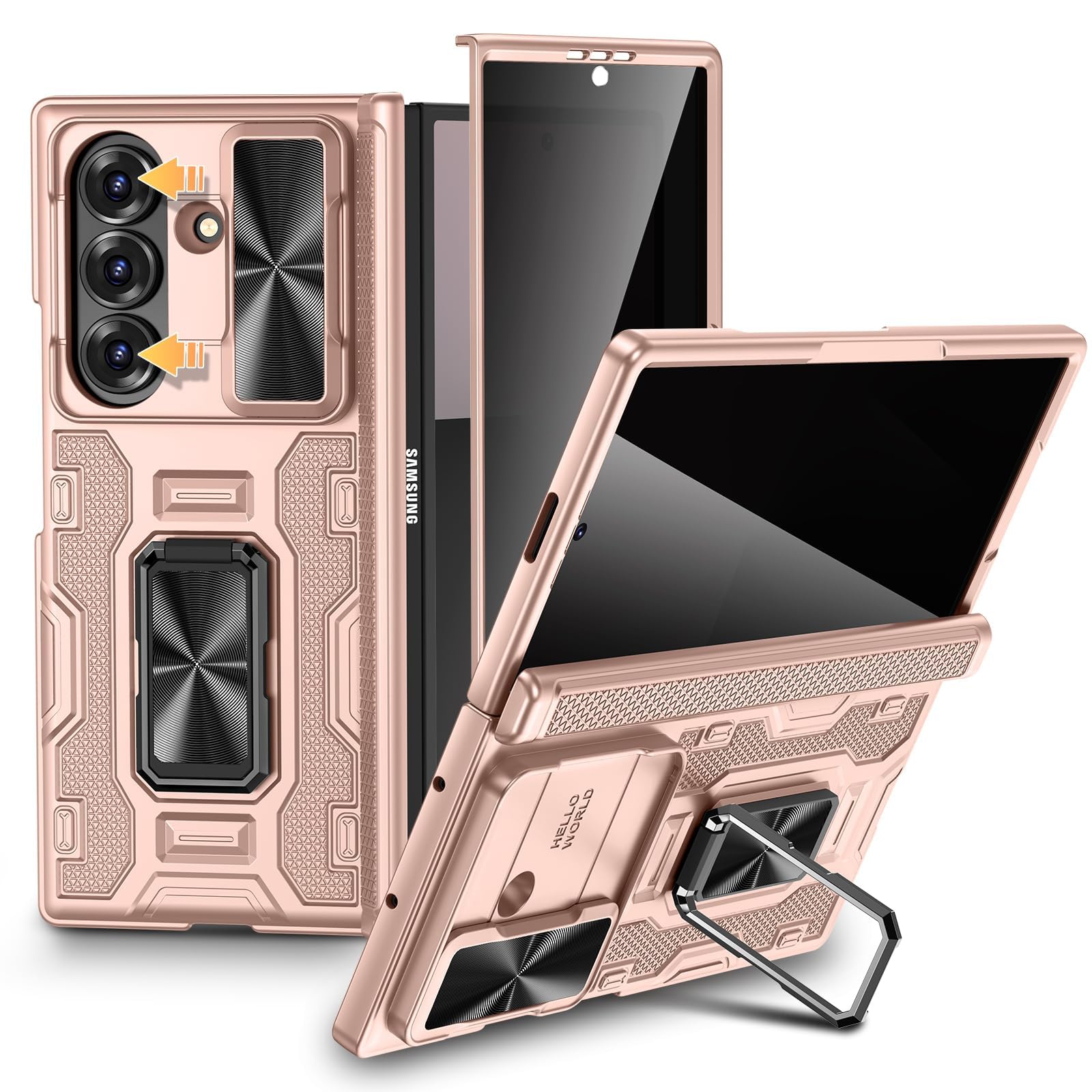 VEGO for Galaxy Z Fold 7 Case with Stand, Built-in Screen Protector [Anti-Peeping] [Camera & Hinge Protection] Military Grade Shockproof Rugged Full Cover Anti-Drop Case for Z Fold 7 2025-Rose Gold