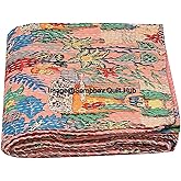 Sambhav Quilt Hub Floral Printed Cotton Quilted Blanket Indian Handmade Bedspread Kantha Work Bohemian Bed Decor Throw Blanket Twin/King/Queen (90X108 inches)
