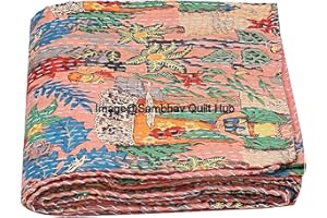 Sambhav Quilt Hub Floral Printed Cotton Quilted Blanket Indian Handmade Bedspread Kantha Work Bohemian Bed Decor Throw Blanket Twin/King/Queen (90X108 inches)