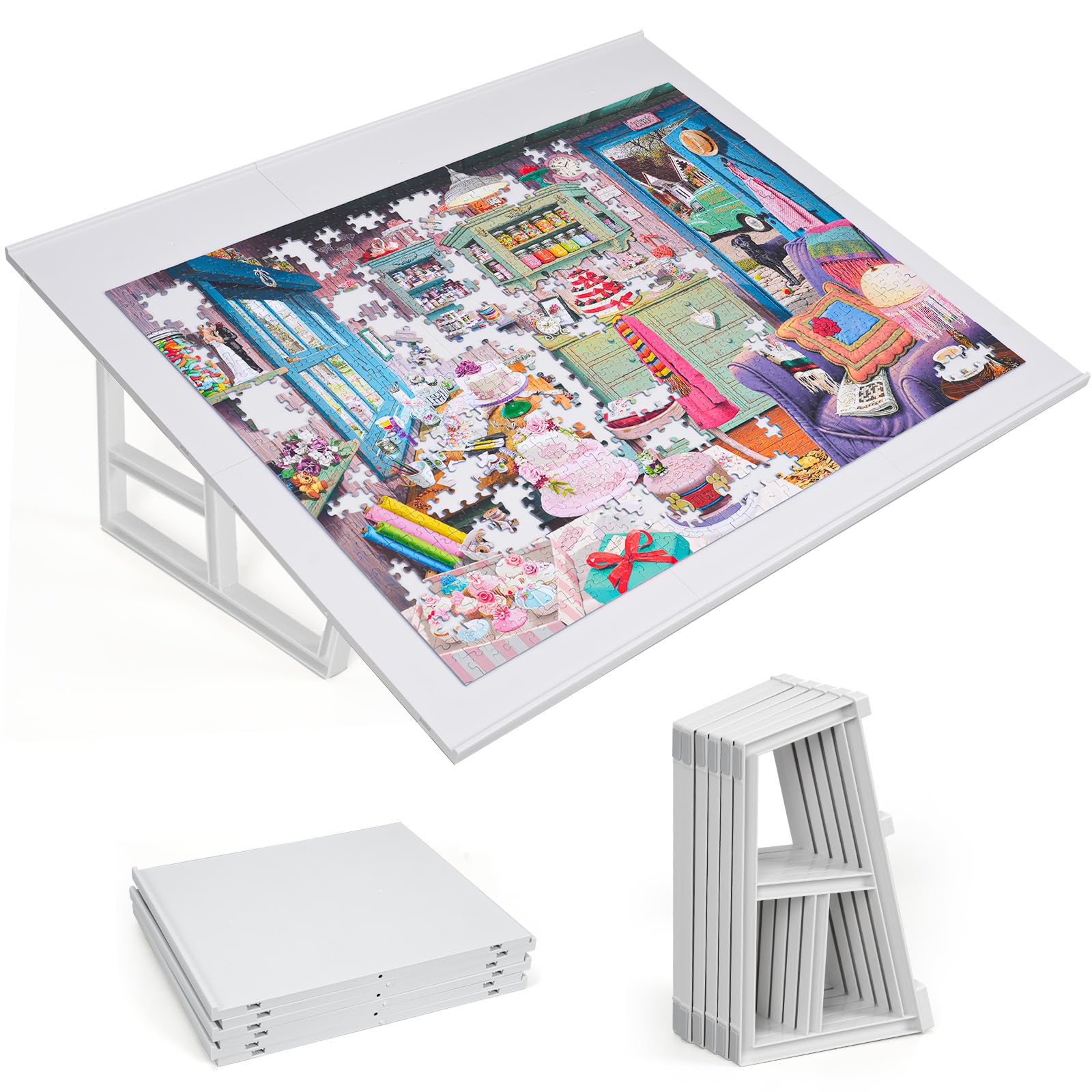 Photo 1 of WELGEE DIY Tilting Puzzle Board with 6 Modular Panels & Stand, Lightweight Portable Puzzle Table for Adults & Seniors, Customizable Puzzle Accessory Only 3.5 lbs (White)