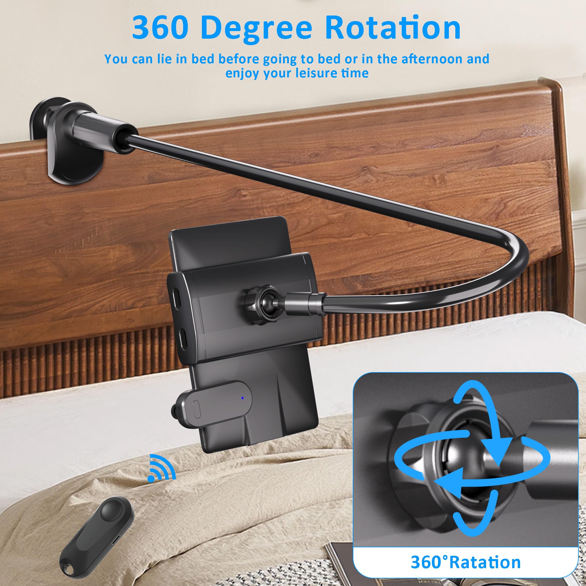 Gooseneck Tablet Holder for Kindle Reading in Bed with Page Turner Remote, Hands Free Desk Bedside Lazy Arm Stand for Kindle Accessories, Gifts for Readers