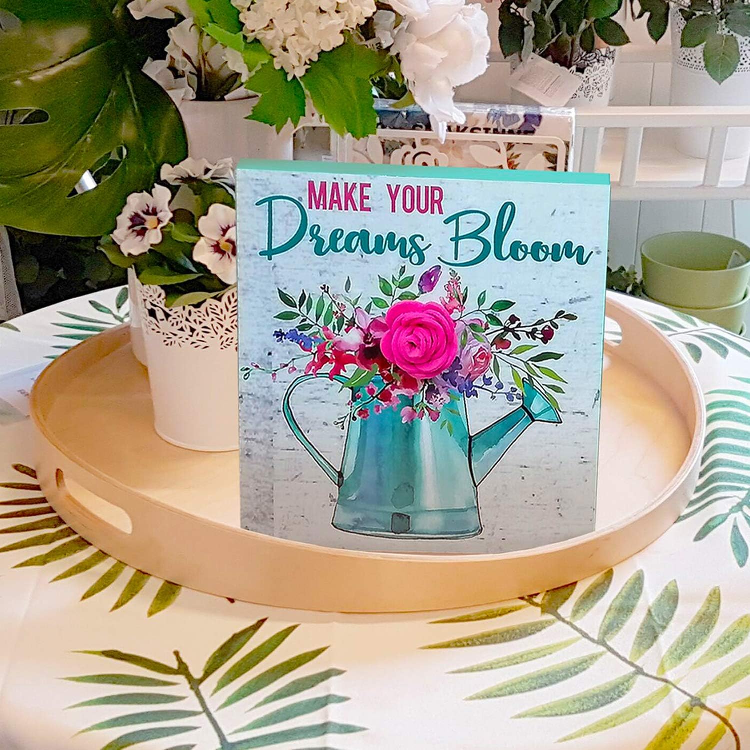 Spring Wood Block Plaque Box for Table shelf decoration,8 inch Rustic Wooden Tabletop Plank board Sign for Farmhouse coffeehouse Living Room,Make your Dreams Bloom (Green D)