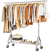 HYSEYY Heavy Duty Clothes Rack Load 450 LBS, Metal Garment Rack, Standing Rolling Clothing Rack for Hanging Clothes with Sturdy Wheels &amp; Shelves, Portable Closet Wardrobe Rack,Sliver