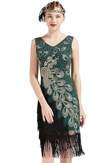 Coucoland 1920s Kleid Damen Pfau Flapper Charleston Kleid V Ausschnitt Great Gatsby Motto Party Damen Fasching Kostüm Kleid