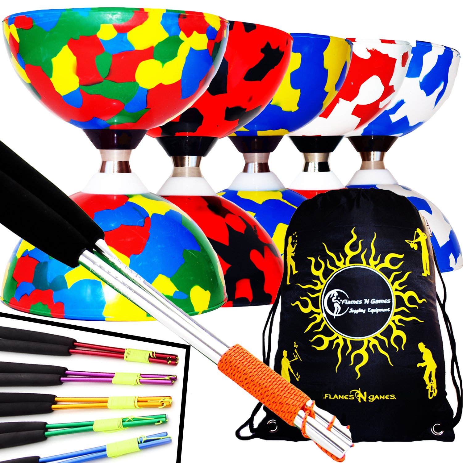 Juggle Dream JESTER Ball Bearing Pro Diabolo Set + Matching Metal Ali Diabolo Handsticks, Diablo String + Diabolos Travel Bag. (Black/Red Diabolo + Red Handsticks)