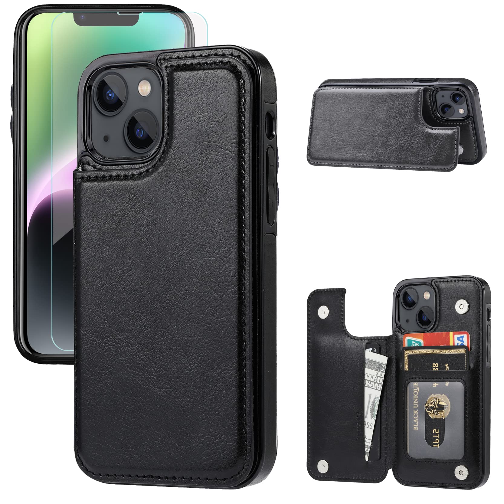 JOYAKI Wallet Case Compatible with iPhone 14, Slim Protective case with Card Holder,Premium PU Leather Kickstand Card Slots Case with a Screen Protective Glass for iPhone 14(6.1")-Black