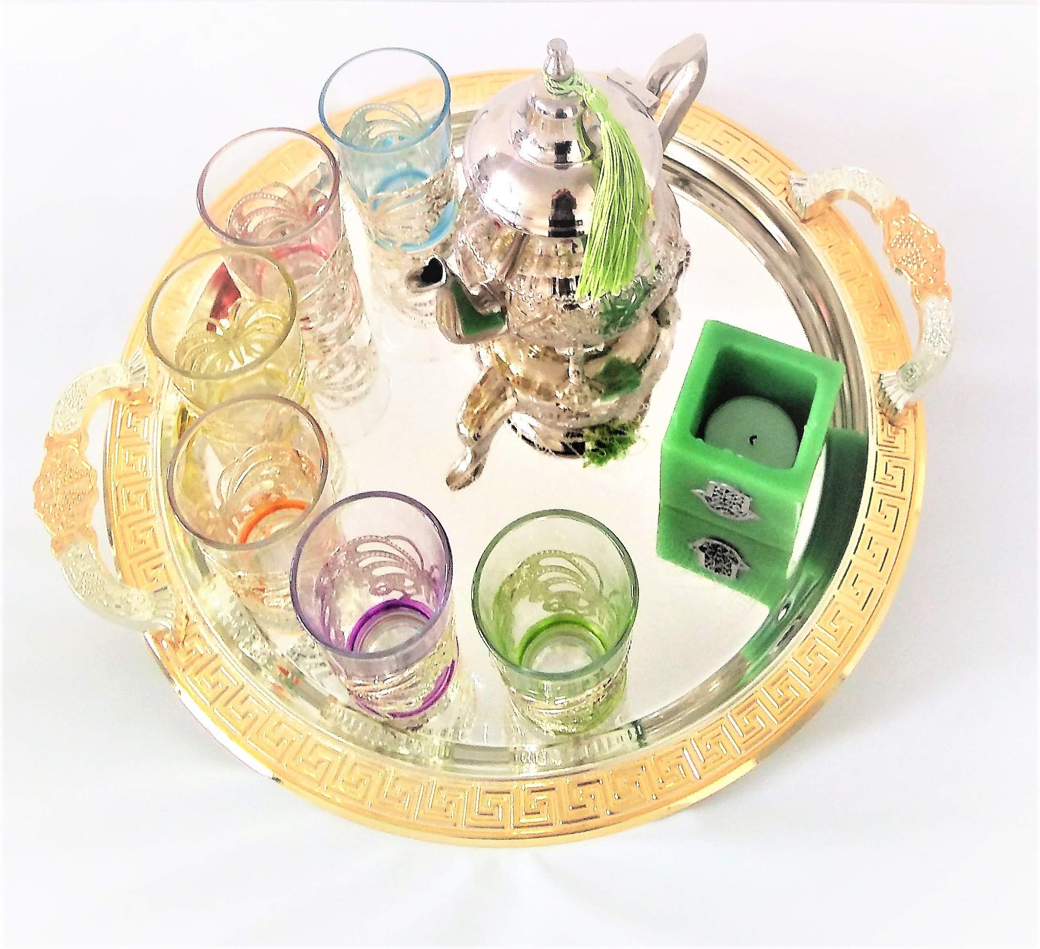 Mystery Souk Complete Moroccan Tea Set with 6 Glasses, Moroccan Plate + Arabic Tea Light Holder with Fatima Hand