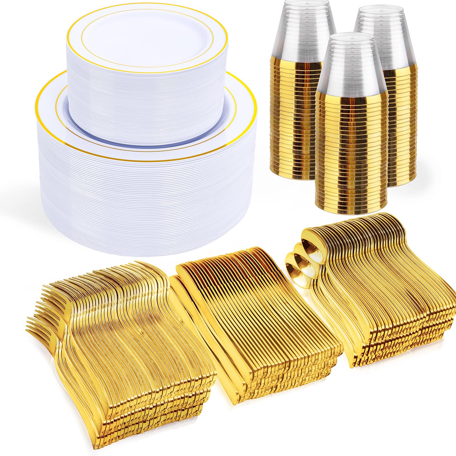 Photo 1 of Gold Disposable Dinnerware Set for 100 Guests - 600PC BPA-Free Plastic Plates & Cutlery Kit with 100 Dinner Plates, Salad Plates, Forks, Knives, Spoons & Cups for Wedding, Party, Catering (Heavy-Duty)