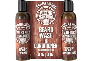 Viking Revolution Beard Wash & Beard Conditioner Set w/Argan & Jojoba Oils - Softens & Strengthens - Natural Beard Shampoo w/Beard Oil Sandalwood (5oz)