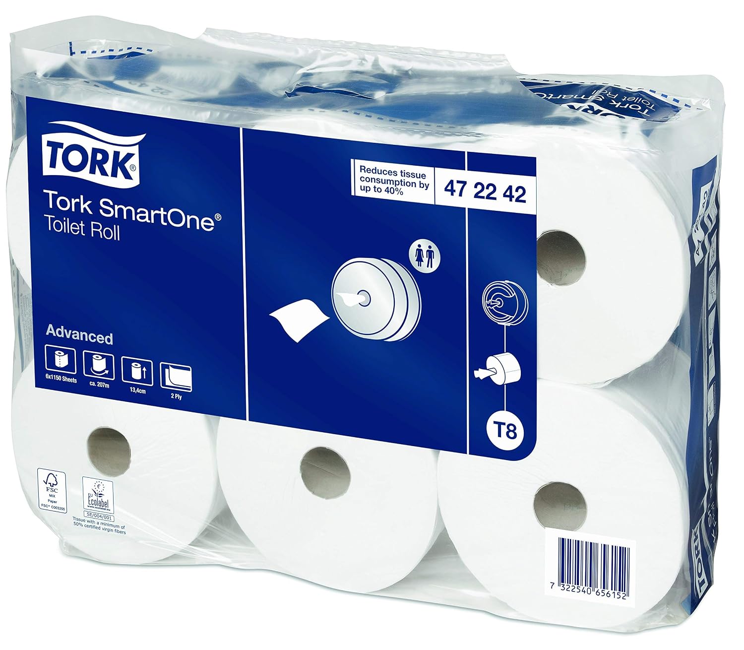 Tork SmartOne Toilet Roll White T8, Advanced, 2-Ply, 6 x 1150 Sheets, 472242, 207m