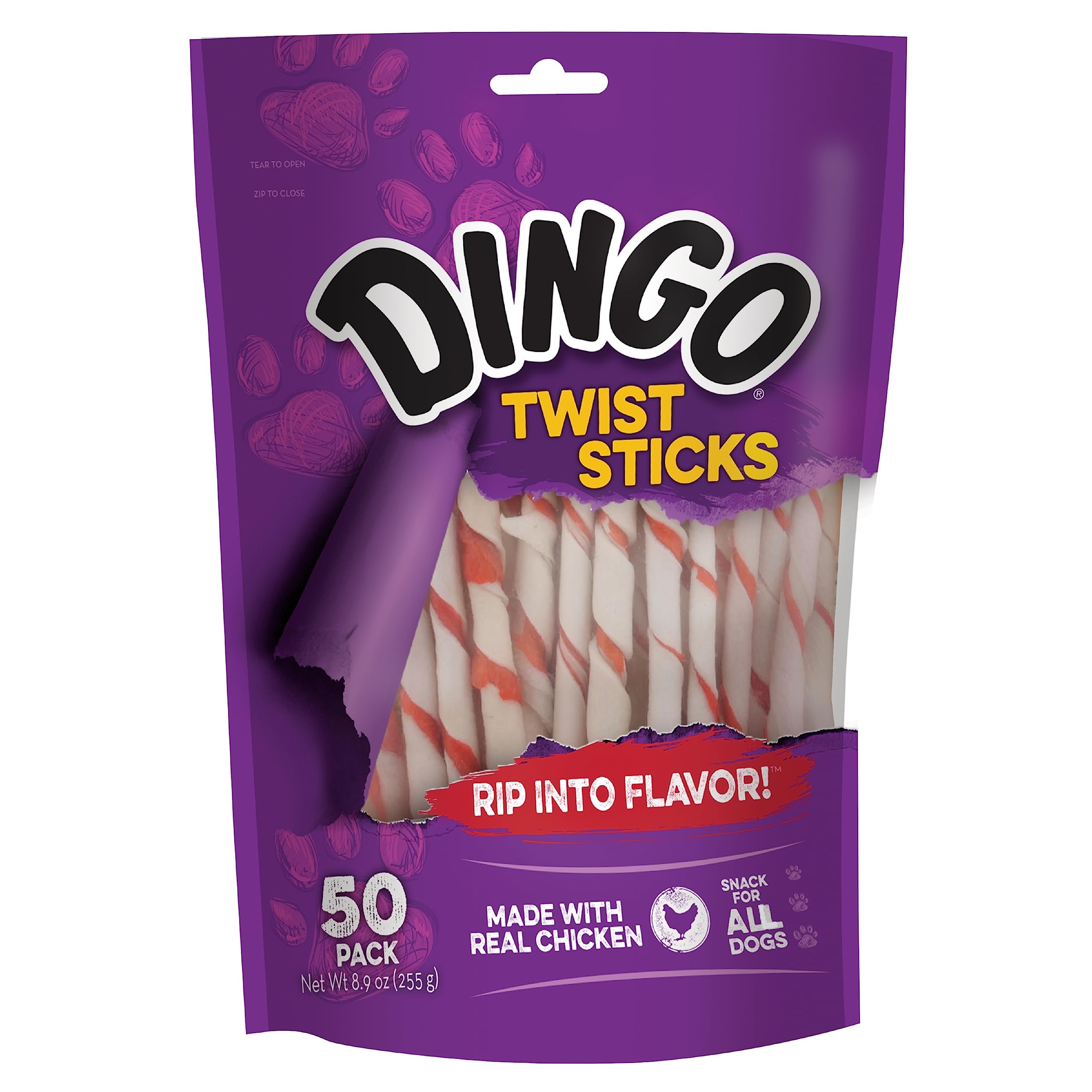 Dingo Twist Sticks, Premium Rawhide Treats for Dogs Made with Real Chicken 50-Count