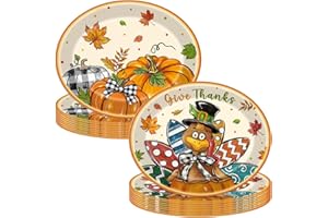 GrabnGoParty 50PCS Turkey Thanksgiving Party Oval Plates for Boys and Girls Watercolor Fall Harvest Party Decorations Autumn Maple Paper Plates for Birthday Baby Shower Picnic