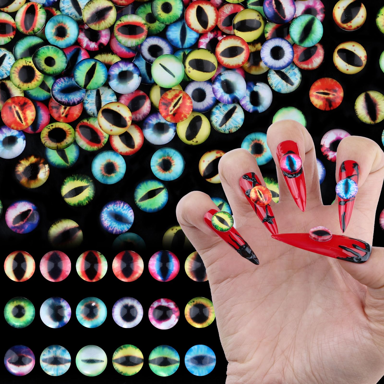 Photo 1 of 100PCS Mixed Colors Eye Beads Nail Charms 10mm/0.4inch 3D Glass Crystal Animal Eyeball Decoration Devil Eye Dragon Eye Round Nail Art Rhinestones Gems for Halloween DIY Craft (3-eye-10mm)