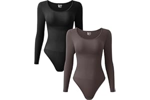 OQQ Women's 2 Piece Bodysuits Sexy Ribbed One Piece Long Sleeve Crew Neck Tops Bodysuits