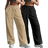 Velvelhall 2 Pack Women's Fleece Sweatpants Wide Leg Winter Thermal Pants Drawstring Waist with Pockets Fuzzy Lounge Pajamas