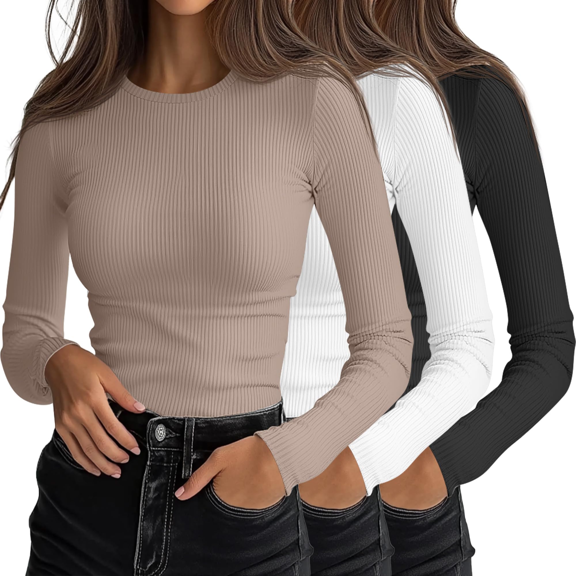 Photo 1 of Ficerd 3 Pack Women's Ribbed Long Sleeve Tops, Crew Neck Slim Fit Knit Undershirts Basic Casual Stretch Layering Tee Shirts(Black, Khaki, White,Medium)