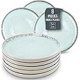 PURE LIVING INTERIOR DESIGN Small Dinner Plates Set of 8, 7.5" Stoneware Plates, Stylish Salad Plates, Dessert Plates Ceramic, Dishwasher and Microwave Safe Light Beige Blue Ceramic Plates