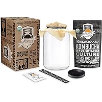 Kombucha Essentials Kit - ORGANIC SCOBY (starter culture) + 1-Gallon Glass Fermenting Jar with Breathable Cover + Rubber…