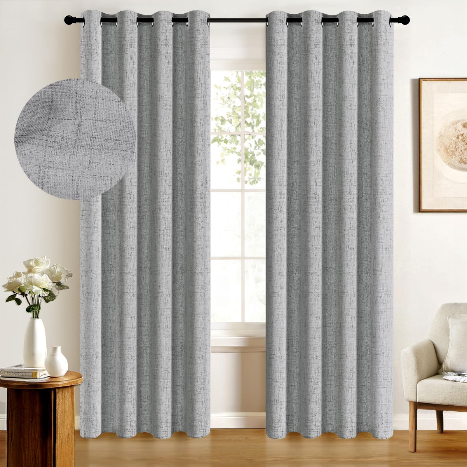 Photo 1 of 100% Blackout Shield Curtains, Dark Gray, 50''W x 96''L, 2 Panels, Linen Textured Look, Thermal Insulated, Full Light Blackout, Rod Pocket, Living Room/Bedroom