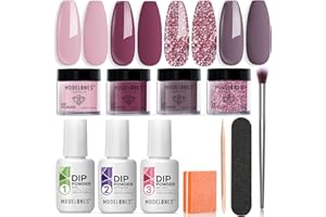 Modelones Dip Powder Nail Kit, 4 Colors Nude Pink Glitters Dipping Powder System Liquid Set with 2 in 1 Base & Top Coat Activator for French Nail Art Manicure Salon DIY at Home