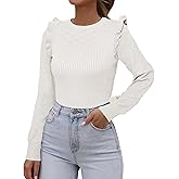 Simplee Womens Long Sleeve Sweaters Crewneck Ruffle Shoulder Fall Sweater Casual Ribbed Knit Pullover Tops 2025