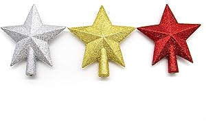 AUEAR, 3 Pack Glittered Mini Star Christmas Tree Topper 4 Inches Gold Silver and Red for Small Ornaments