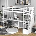 Twin Size Loft Bed with Desk,Solid Wood Loft Bed Frame with Storage Stairs,High Loft Bed Twin Size with Stairs for Kids,Teens, Adults,Space Saving, White