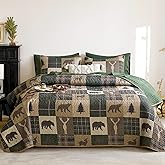 Wake In Cloud - Rustic Quilt Set, Cabin Lodge Christmas Bear Moose Deer Wildlife Western Patchwork Country, Reversible Lightweight Bedspread Coverlet, 3 Pieces, Green Brown, Queen/Full Size