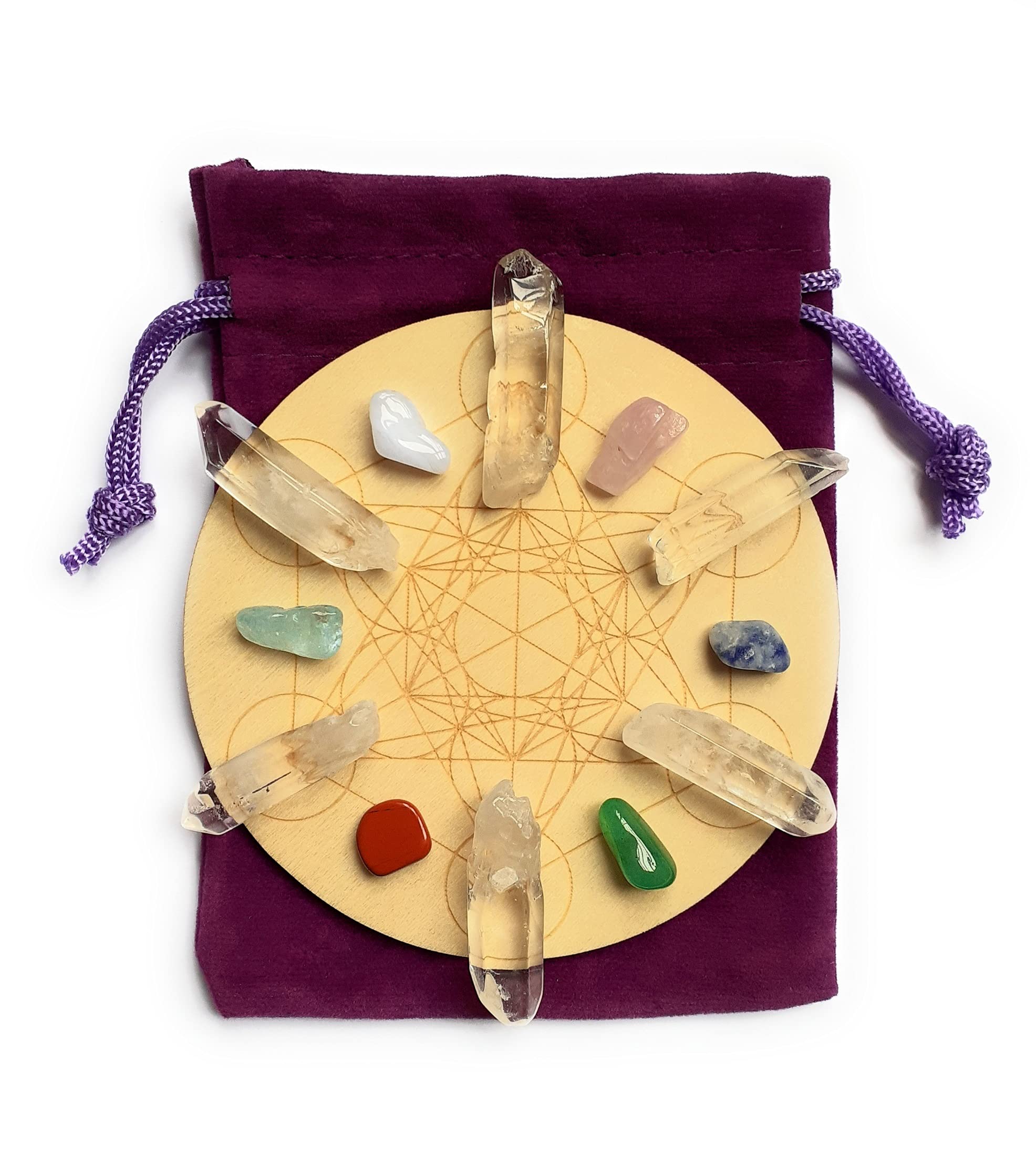 Metatrons Cube Mini Crystal Grid Set - Clear Quartz, Rose Quartz, Sodalite, Aventurine, Red Jasper, Fluorite, Blue Lace Agate Crystals Reiki Charged