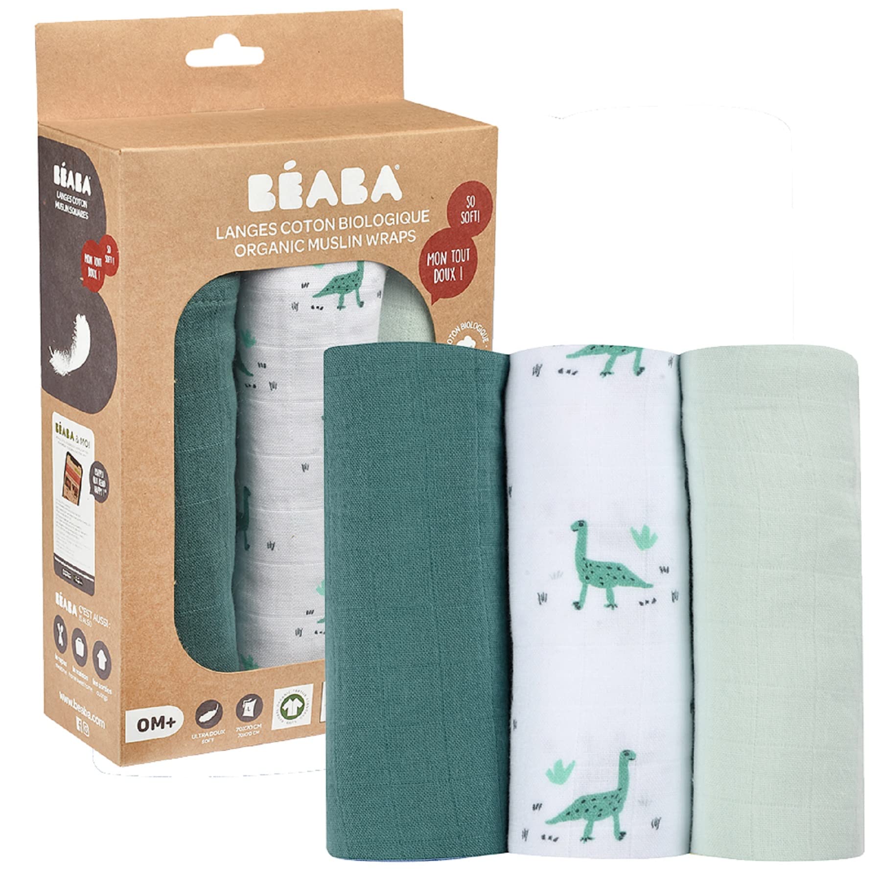 Béaba Set of 3 Baby Swaddle Cloths, Organic Cotton Muslin, Multi-Purpose: Swaddle Blanket, Bib, Travel Blanket, Comforter, Ultra Soft, Breathable, Large, 70x70, Eco-Friendly and Safe, Jurassic Print