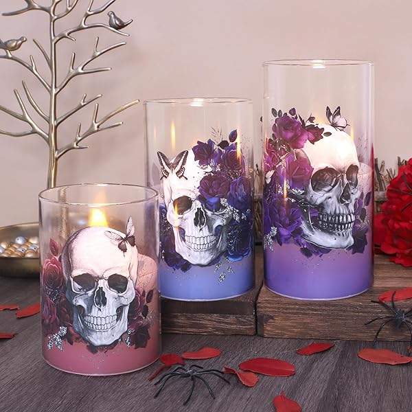 CAFEMOON HALLOWEEN DECOR FLAMELESS CANDLES BATTERY OPERATED LED PILLAR CANDLES WITH REMOTE TIMER, SET OF 3 SKULL ROSE BUTTERFLY DECALS SPOOKY THEMED CANDLES FOR INDOOR HALLOWEEN DECORATIONS
