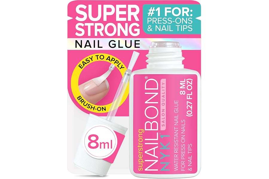 NYK1 Super Strong Nail Glue for Press On Nails, Nail Tips & Acrylics | 8ml | NailBond Brush On Glue for Press Ons, Tips & Acrylics - Long Lasting, Maximum Strength, Mess-Free Application
